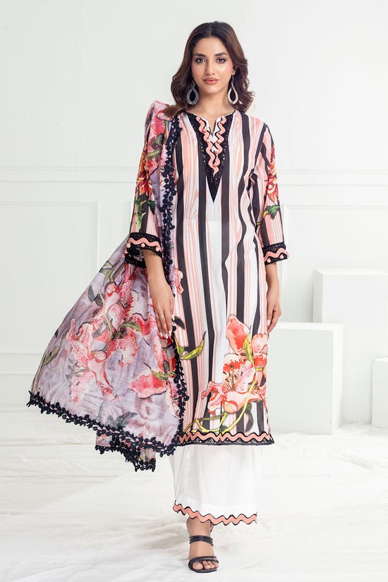 3 Piece Unstitched Printed Lawn Suit with Paper Cotton Dupatta PC-52004